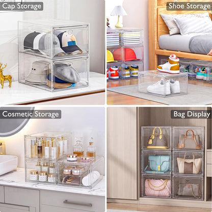 sturdy clear shoe organizer with magnetic door, stackable showing dimensions