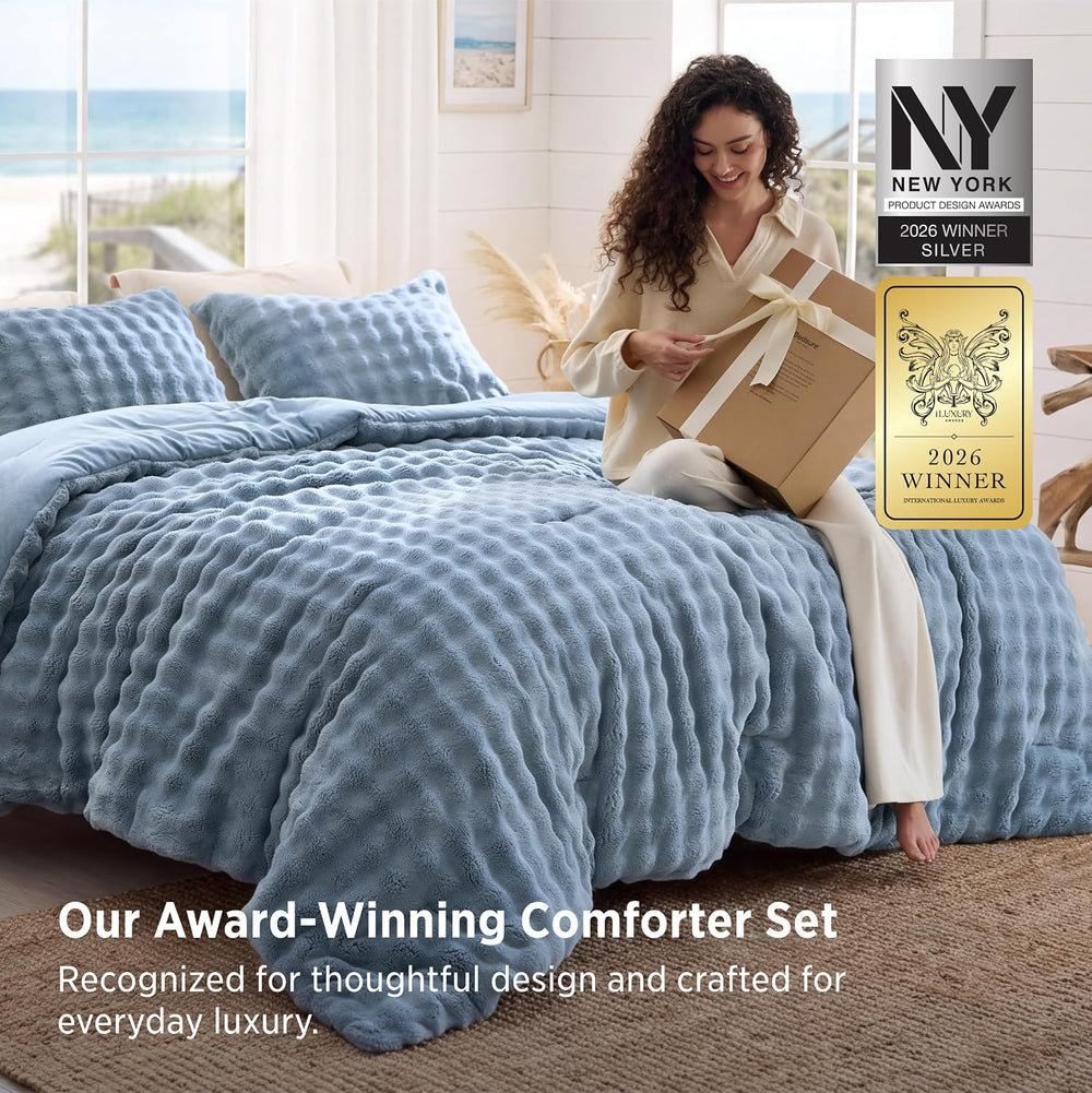 Bedsure 3D Cloud Bubble Comforter Set Fluffy Bed Set Queen Slate Blue 3 Pcs