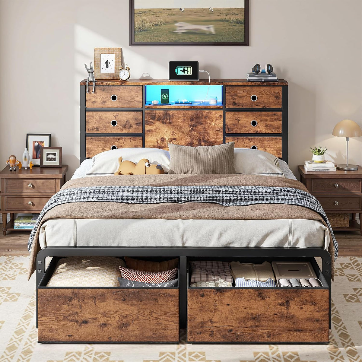 homkdom full size bed frame with 8 drawers, main product view