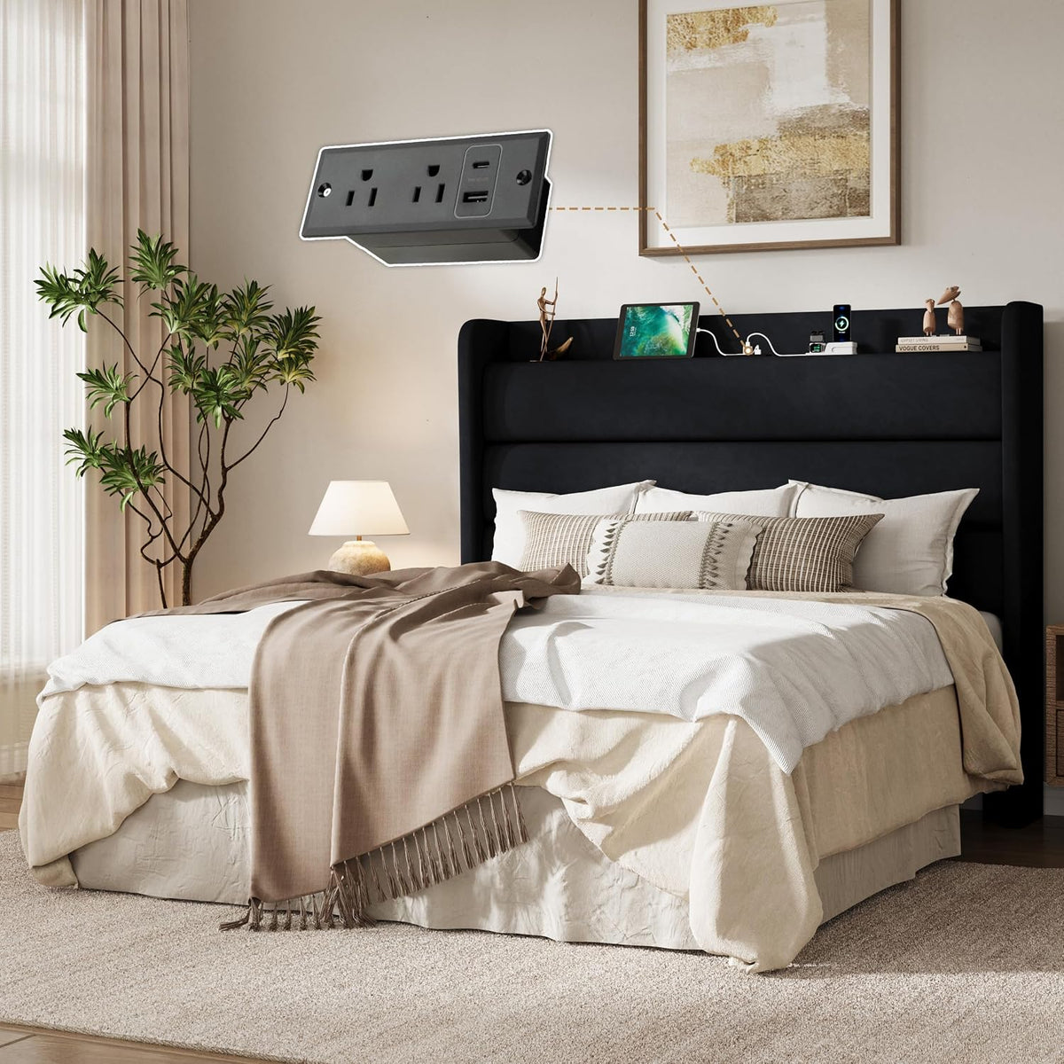 sha cerlin storage queen bed frame with charging, close-up detail