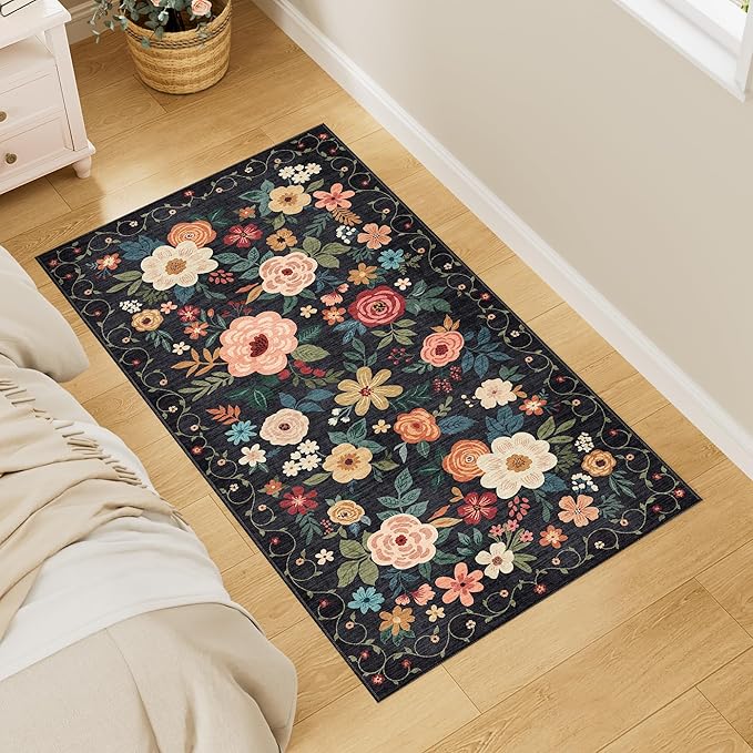 DUKINO 2x4 Rug for Entryway, Washable Kitchen Floral Runner Rug by DUKINO