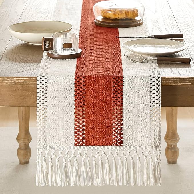ZeeMart Macrame Style Bicolor Stitching Table Runner, 14 x 90 Inch Orange/Ivory - Image 2