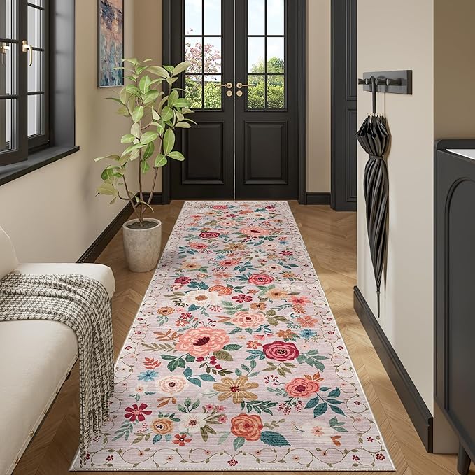 DUKINO 3x10 Runner Rug for Hallway, Washable Kitchen Floral Runner Rug by DUKINO
