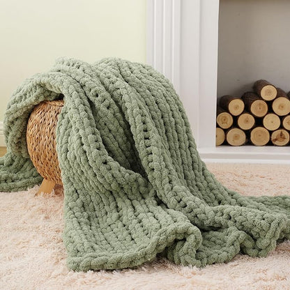 Battilo Sage Green Chunky Knit Throw Blanket, Soft and Thick Chenille Throw - Image 3
