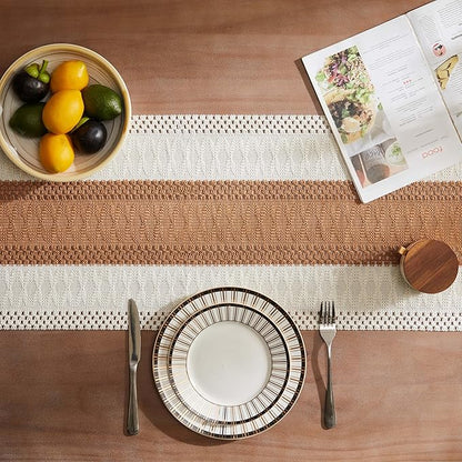 ZeeMart Macrame Style Bicolor Stitching Table Runner, 14 x 48 Inch Caramel/Ivory - Image 4