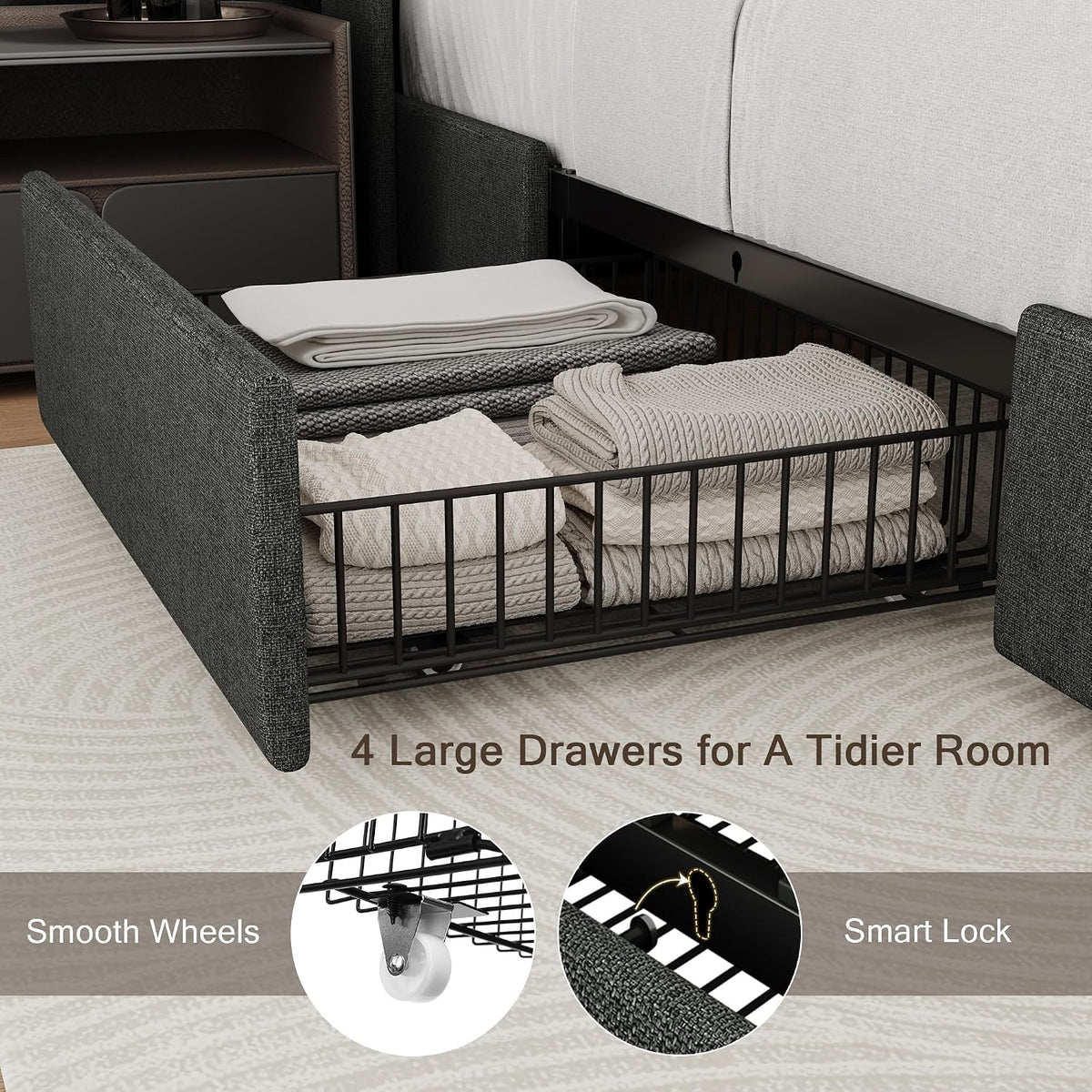einhomn king size bed frame with 4 storage, close-up detail