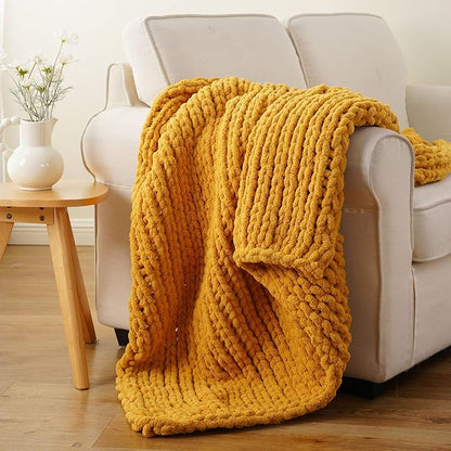 Battilo Mustard Yellow Chunky Knit Throw Blanket, Soft and Thick Chenille Throw - Image 4