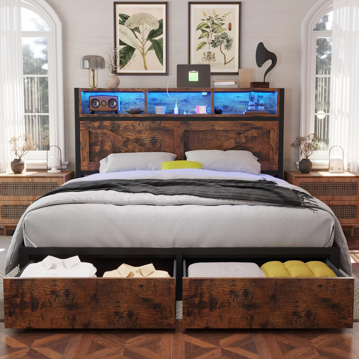 farmhouse full bed frame with storage bookcase headboard, main product view