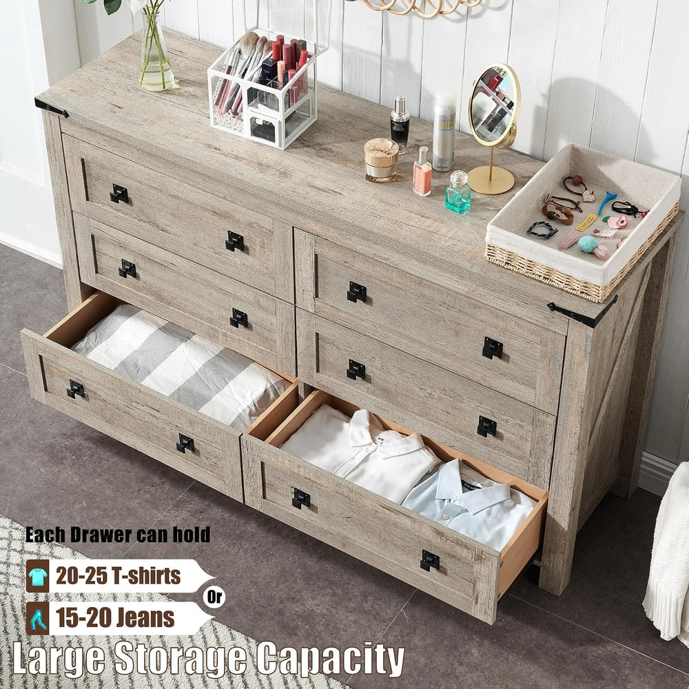 T4TREAM 54" Wide Farmhouse 6-Drawer Dresser for Bedroom, Light Rustic Oak