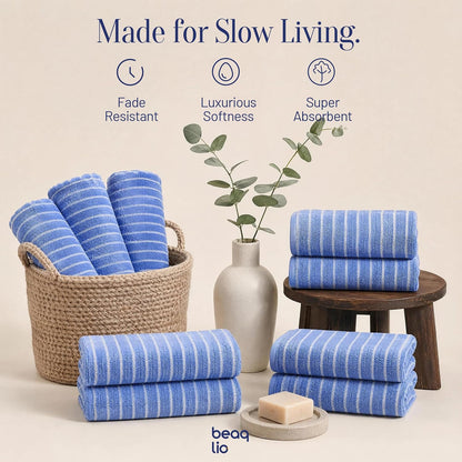 100% cotton 8 pack bath towels set, striped, front angle view
