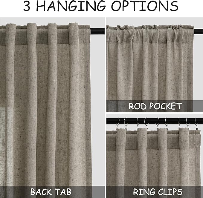 Extra Long Curtain 108 Inches Long 2 Panels Set Back Tab Mocha Linen Drapes - Image 2