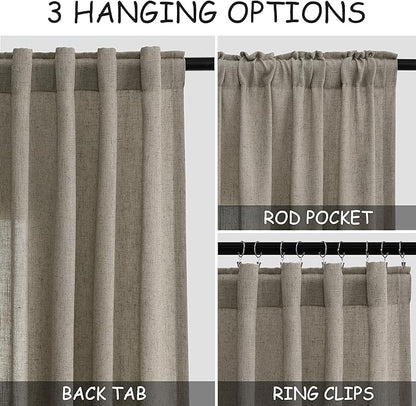 Extra Long Curtain 108 Inches Long 2 Panels Set Back Tab Mocha Linen Drapes - Image 2