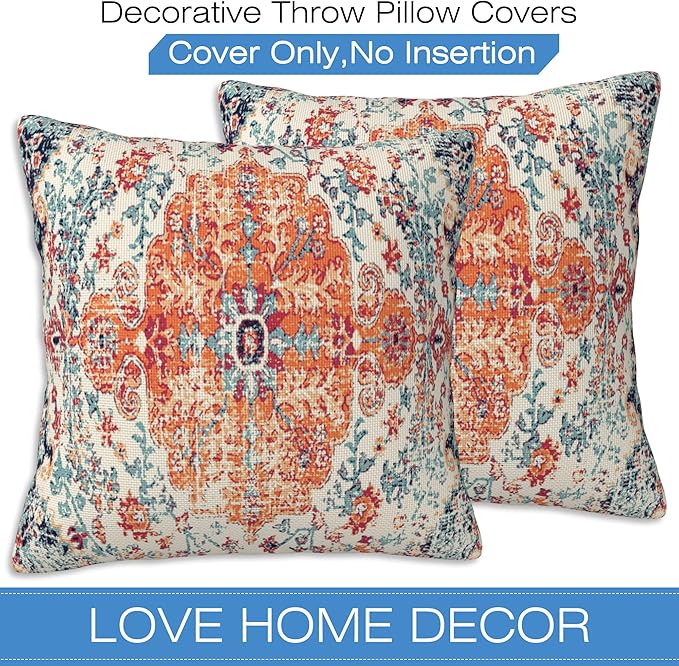 Throw Pillow Covers Boho Orange Pillow Covers 16x16 Inch Set of 2 Rug Boho - Image 3