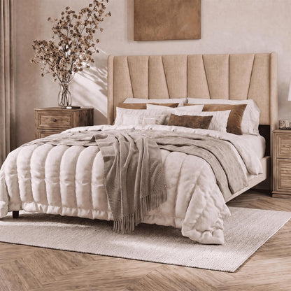 sha cerlin king upholstered bed frame with headboard, close-up detail