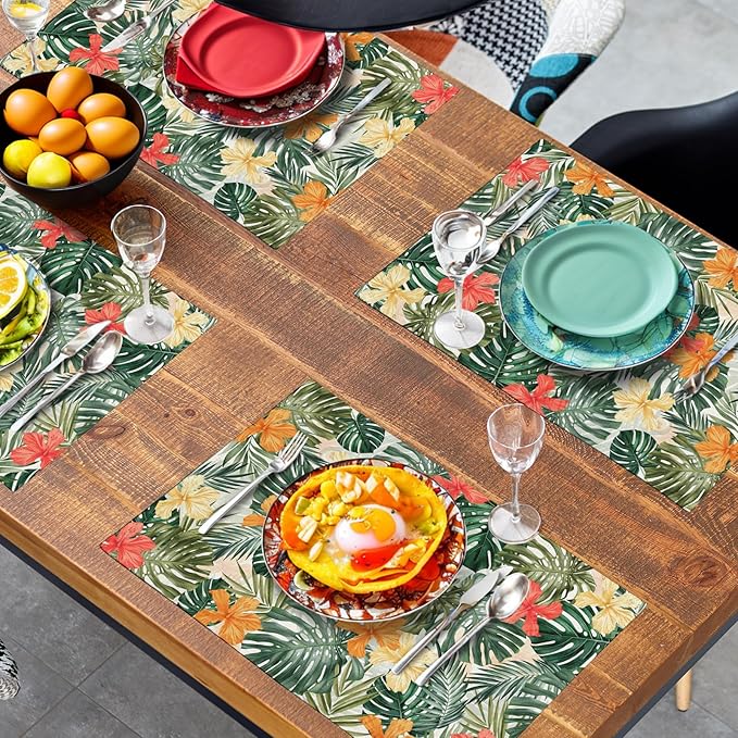 Tropical Palm Leaves Table Mats Set of 4 Summer Watercolor Hibiscus Flower Leaf - Image 7