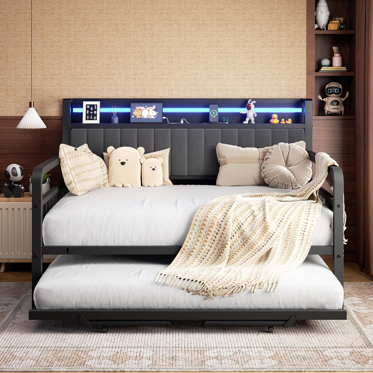daybed with trundle and led light, heavy duty, side view