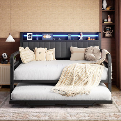 daybed with trundle and led light, heavy duty, side view