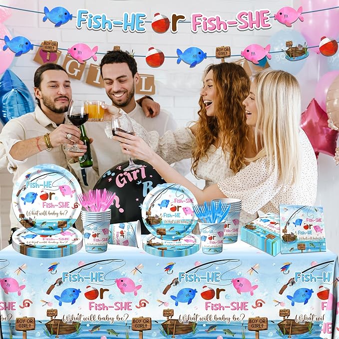 GREHUMOR Gone Fishing Gender Reveal Party Tableware 142Pcs Fish She or Fish He - Image 2
