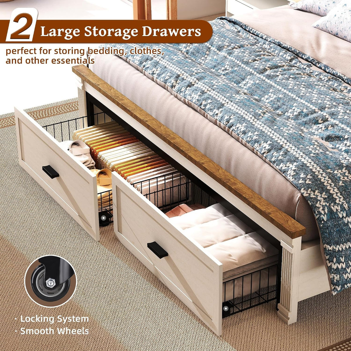 farmhouse 53" tall queen bed frame, headboard& 2 showing dimensions