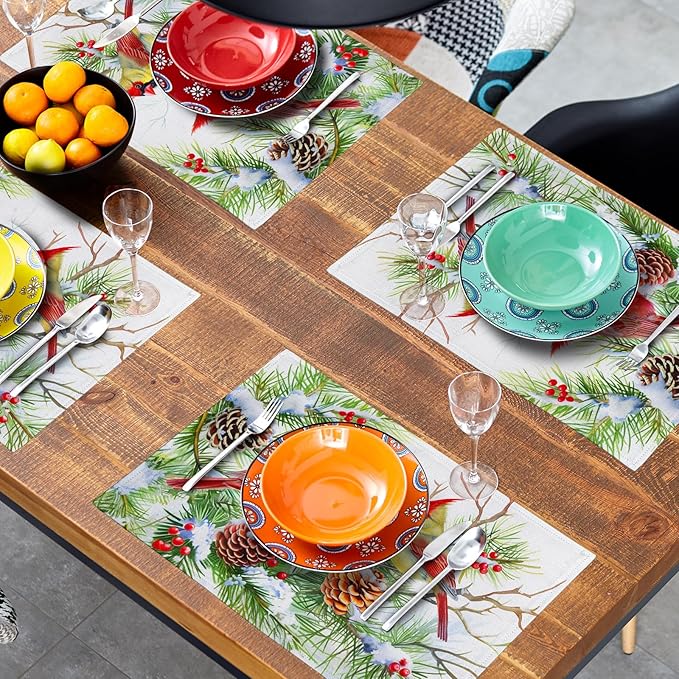 Giwawa Winter Birds Placemats Set of 4, Christmas Tree Holly Berry Pine Cones - Image 8
