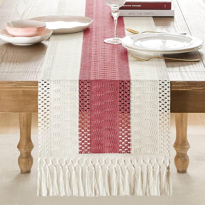 ZeeMart Macrame Style Bicolor Stitching Table Runner, 14 x 90 Inch Dusty - Image 2