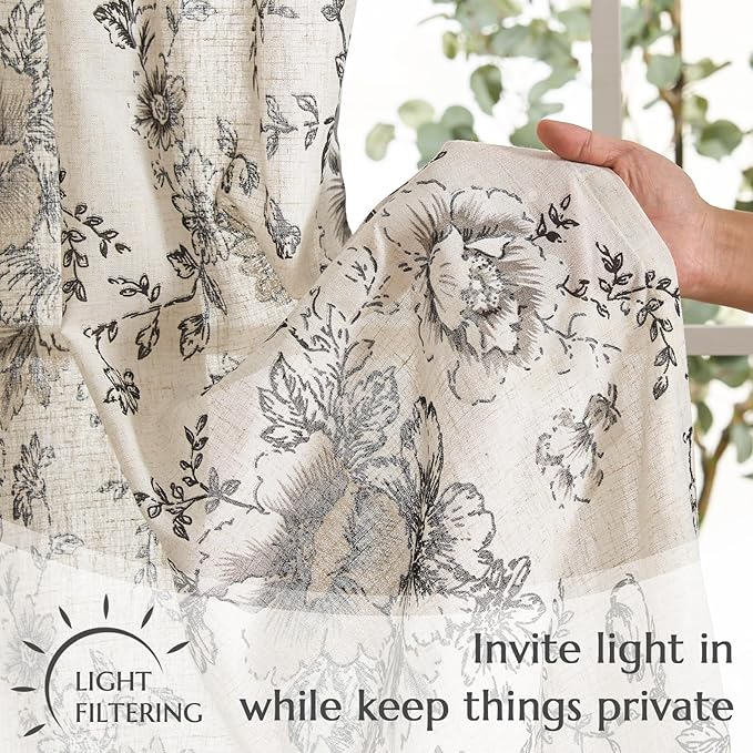 jinchan Linen Floral Tier Curtains 54 Inch Farmhouse Botanic Cafe Curtains - Image 5