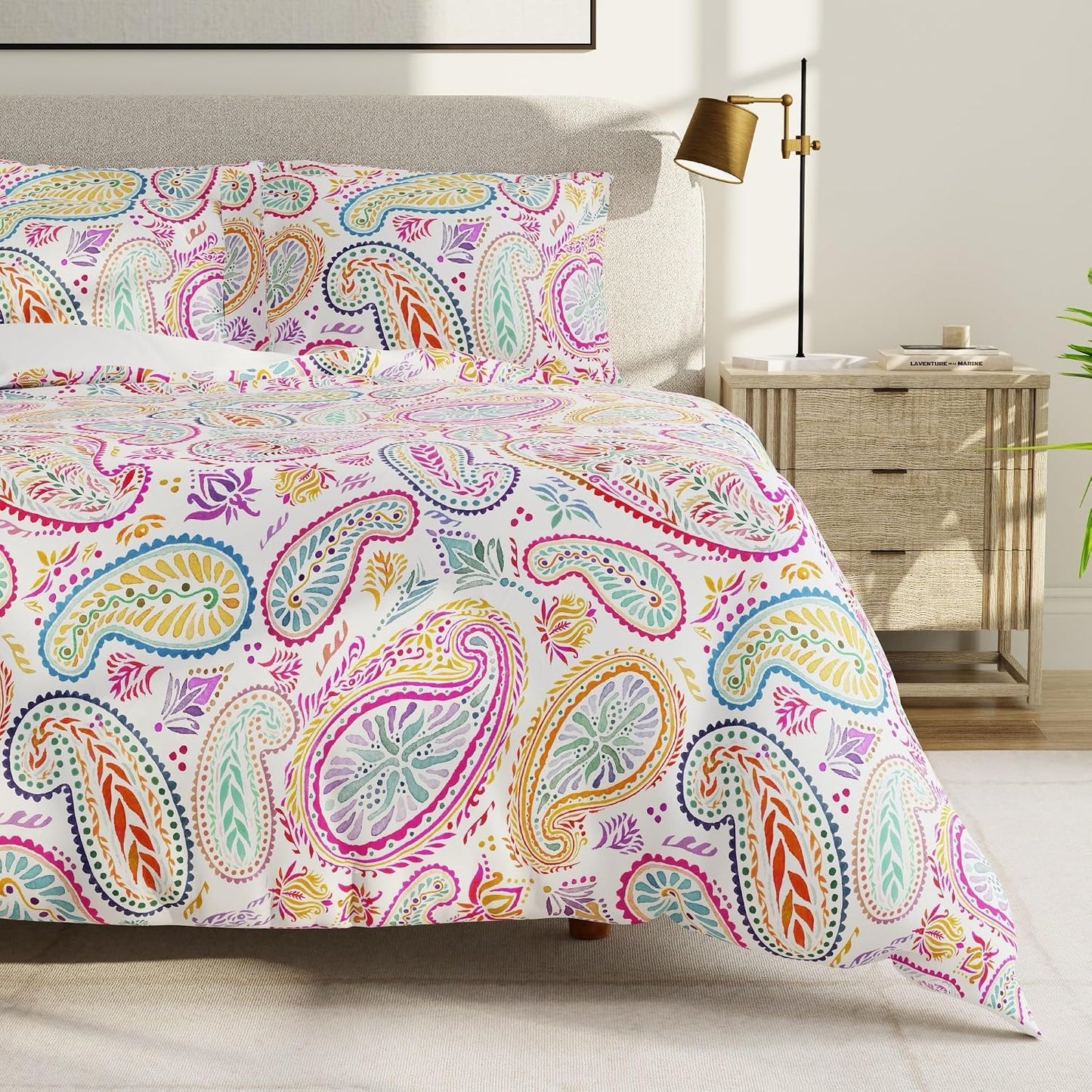 QuickZip Duvet Cover with Zipper Closure – Ultra Soft Long-Staple 100% Cotton, Oeko-Tex Certified, Durable Interior Corner Ties, Corner Clips, Full/Queen, Reversible Paisley/White (Sateen)