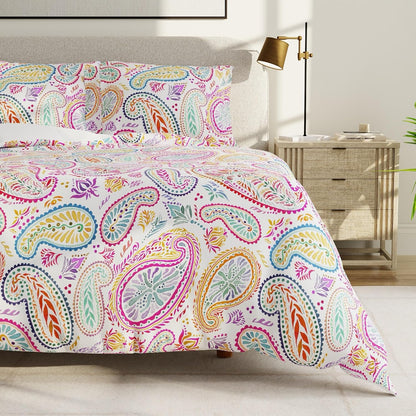 QuickZip Duvet Cover with Zipper Closure – Ultra Soft Long-Staple 100% Cotton, Oeko-Tex Certified, Durable Interior Corner Ties, Corner Clips, Full/Queen, Reversible Paisley/White (Sateen)