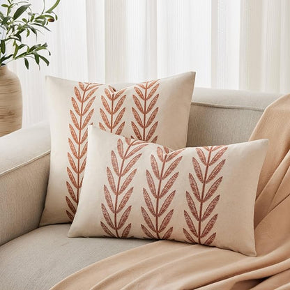 100% Cotton Farmhouse Leaves Throw Pillow Covers Set of 2, 24x24 Inch Terracota - Image 4