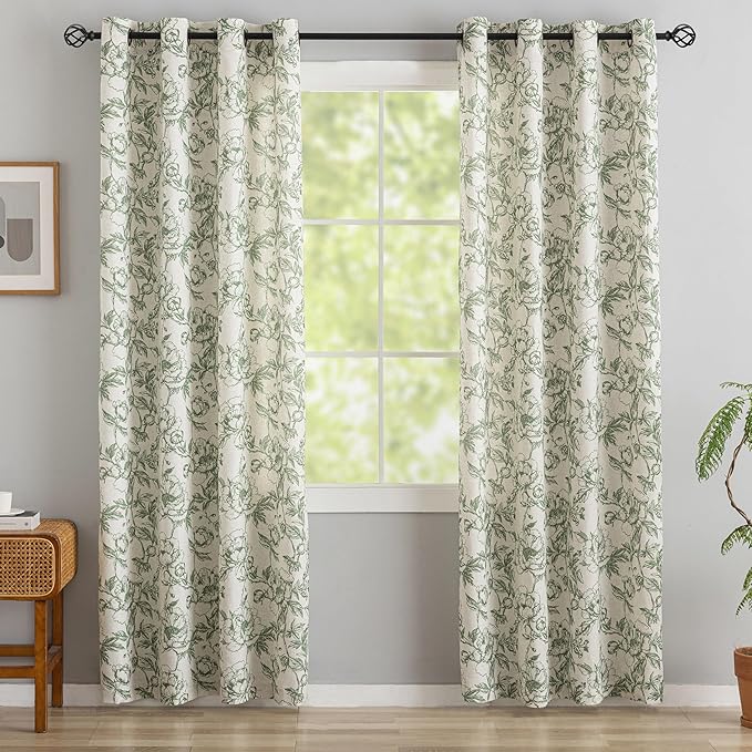 Green Floral Curtains for Living Room 96 Inches Long French Country Green Peony by Conkov