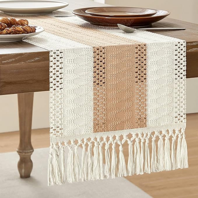 ZeeMart Macrame Style Bicolor Stitching Table Runner, 14 x 60 Inch Beige/Ivory by ZEEMARTONLINE