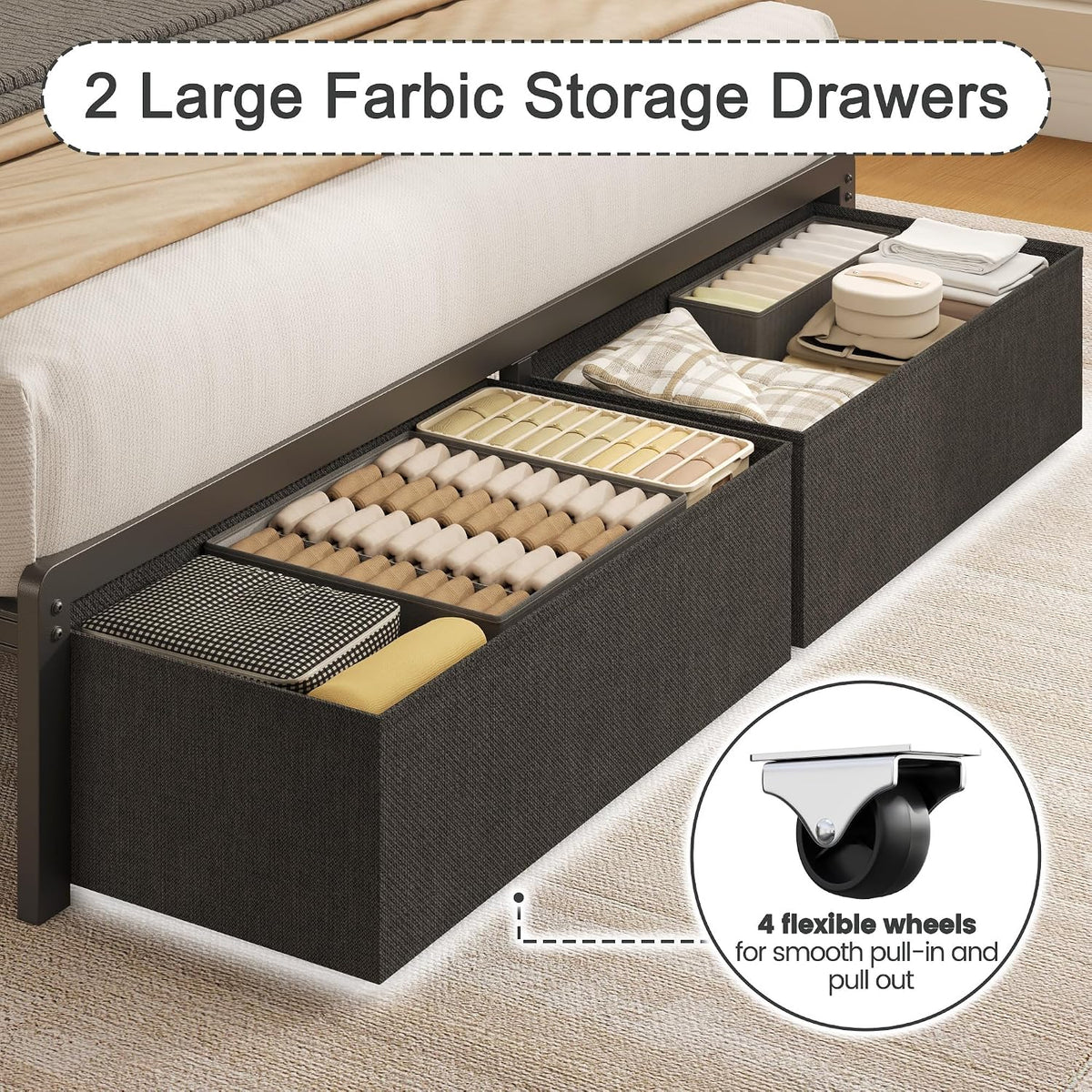 fluest queen bed frame with 2 drawers, upholstered, side view