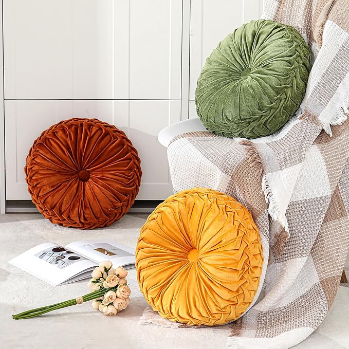 1 Pcs Round Throw Pillows Decorative Velvet Pleated Throw Pillows 15'' Diameter - Image 6