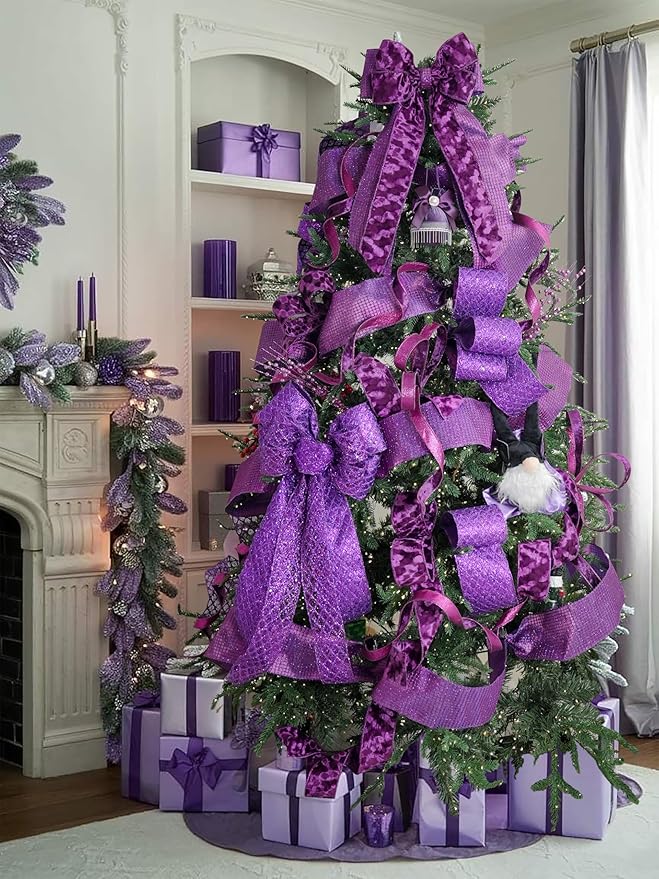 HUIHUANG Purple Christmas Wired Ribbon 4 inch Square Mesh Netting Wired Ribbon - Image 6