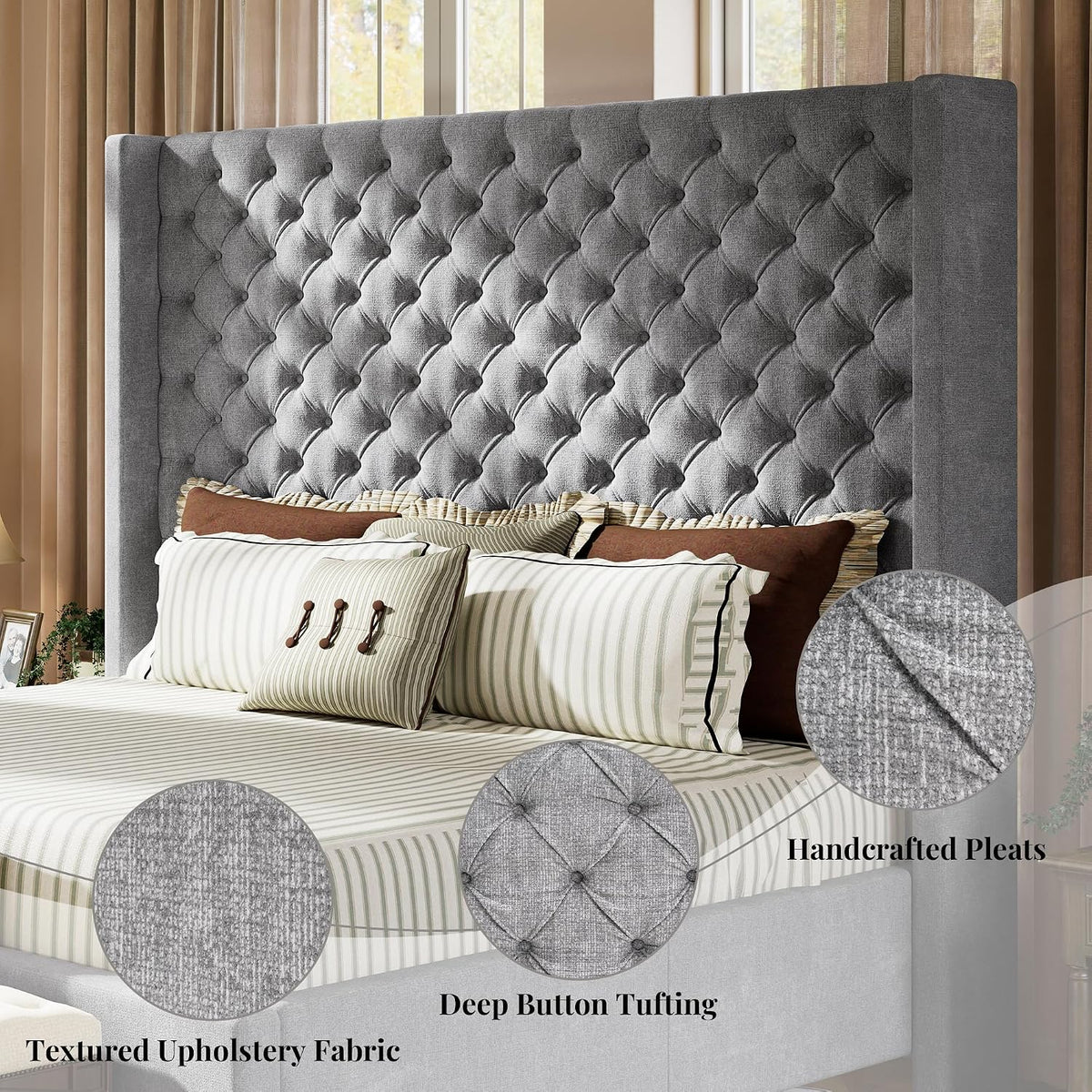 jocisland queen bed frame with 63" tall wingback showing dimensions