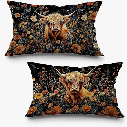 Moody Floral Highland Cow Pillow Covers 12x20 Set of 2, Gifts by Exqcom