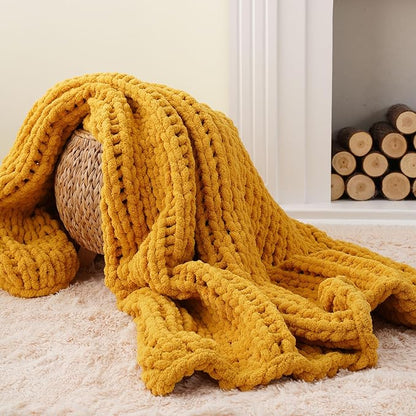 Battilo Mustard Yellow Chunky Knit Throw Blanket, Soft and Thick Chenille Throw - Image 2