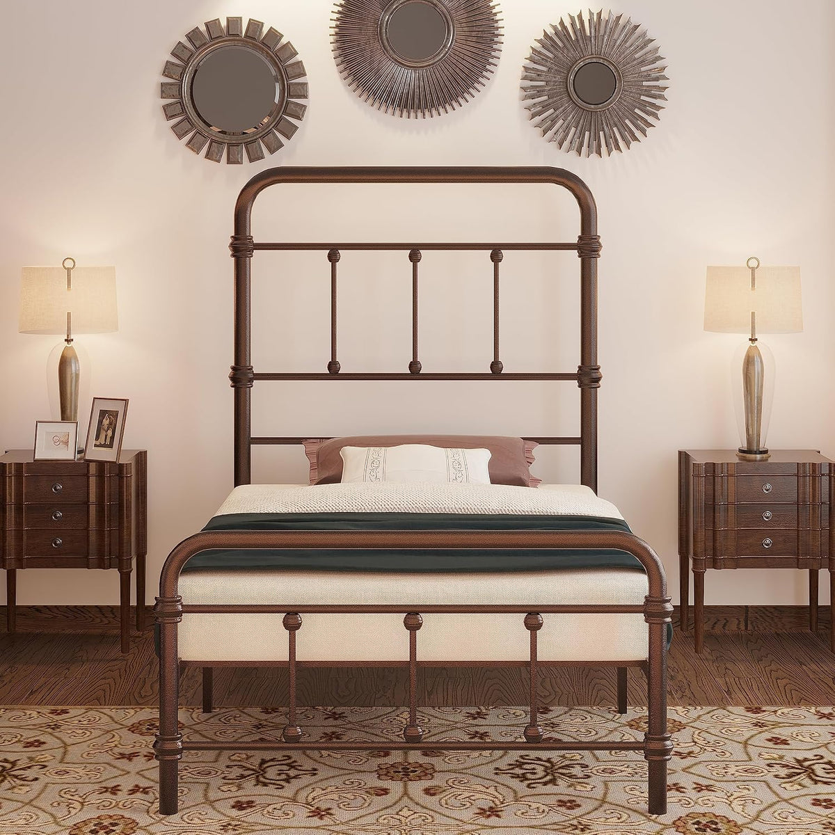 twin-bed-frames-vintage-farmhouse 49 inch tall-headboard-iron - platform mattress foundation,no, side view
