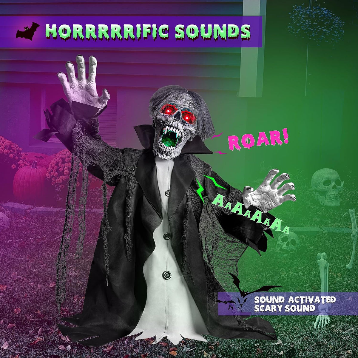 Halloween Animatronic Zombie Groundbreaker Decoration, 2.3 FT Motion & Sound Activated Scary Outdoor Prop with Light-Up Eyes for Yard, Lawn, Patio & Haunted House