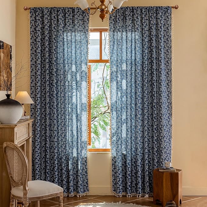 ENJOYBRIDAL White Floral Curtains 84 Inch Long Semi Sheer Navy Blue Drapes - Image 2