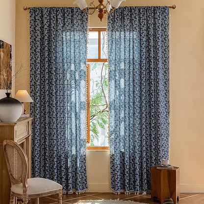 ENJOYBRIDAL White Floral Curtains 84 Inch Long Semi Sheer Navy Blue Drapes - Image 2