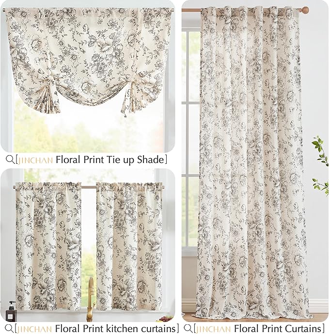 jinchan Floral Linen Tier Curtains 36 Inch Farmhouse Botanic Cafe Drapes - Image 8