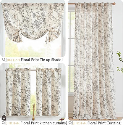jinchan Floral Linen Tier Curtains 24 Inch Farmhouse Botanic Cafe Drapes - Image 8