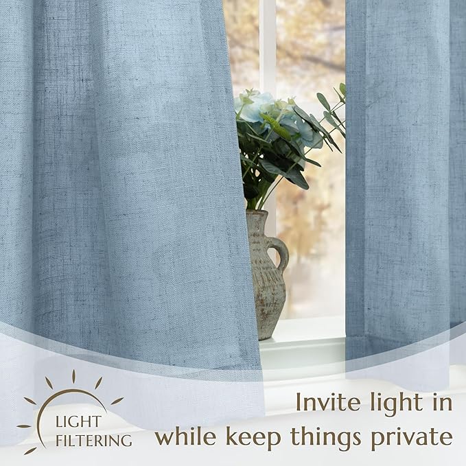 Blue Small Linen Textured Curtains 36 inches Length Light Filtering Semi Sheer - Image 3
