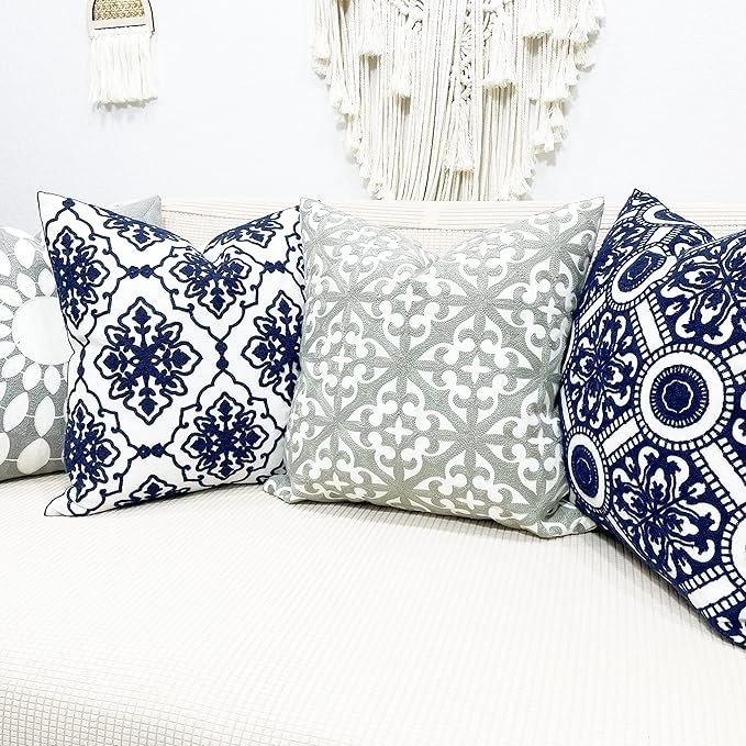 SLOW COW Embroidery Decorative Throw Pillow Cover Grey Kaleidoscope Design - Image 5