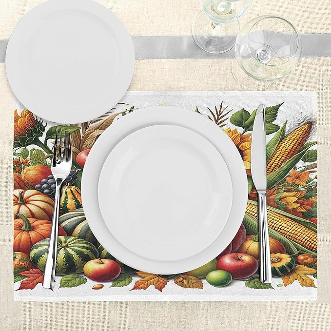 Ambesonne Fall Place Mats Set of 8, Pumpkins Apples and Sunflowers Harvest Time - Image 4