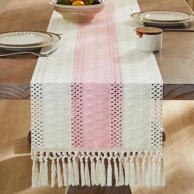 ZeeMart Macrame Style Bicolor Stitching Table Runner, 14 x 48 Inch Light - Image 3