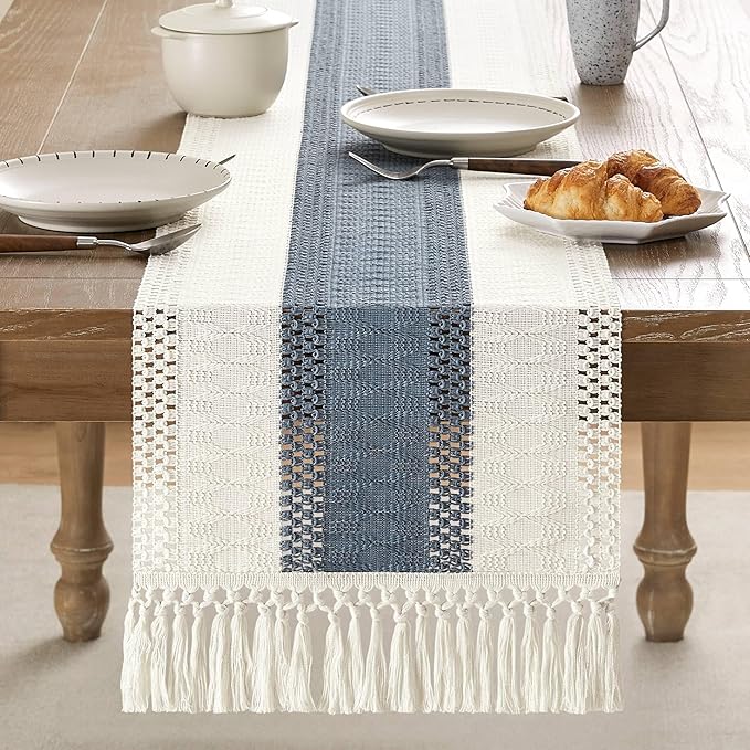 ZeeMart Macrame Style Bicolor Stitching Table Runner, 14 x 108 Inch Navy/Ivory - Image 2
