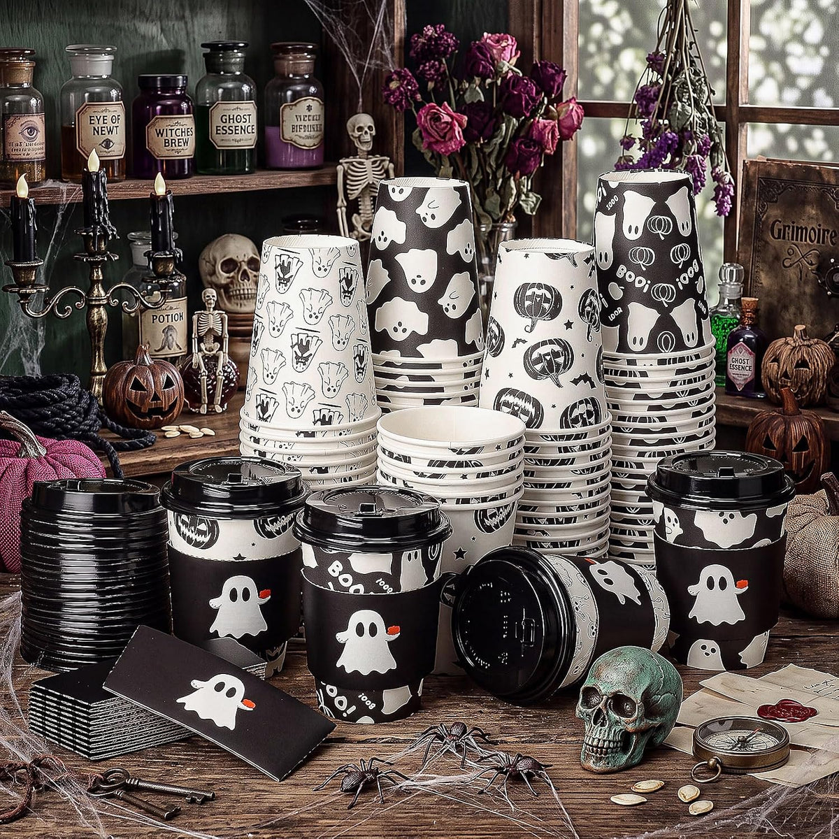Suclain 100 Sets Halloween Disposable Coffee Cups with Lids & Sleeves, 12 oz Ghost Pumpkin Cat Pattern Paper Cups for Hot Cold Drinks Trick or Treat Party Supplies