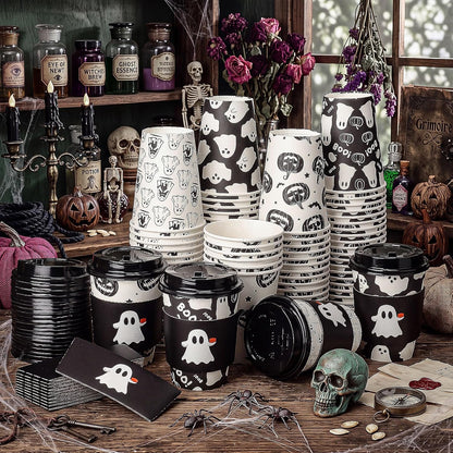 Suclain 100 Sets Halloween Disposable Coffee Cups with Lids & Sleeves, 12 oz Ghost Pumpkin Cat Pattern Paper Cups for Hot Cold Drinks Trick or Treat Party Supplies